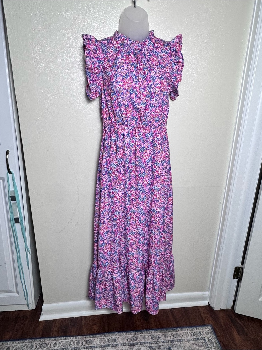 SHEIN Floral Maxi Dress S Pink Blue Flutter Sleeve Cottagecore Boho - Picture 2 of 11